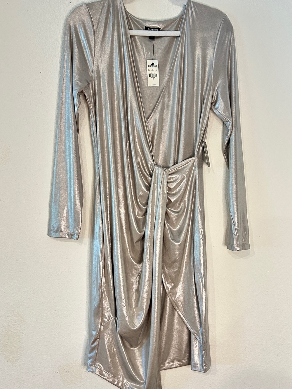 Express Metallic Silver Draped V-Neck Wrap Top